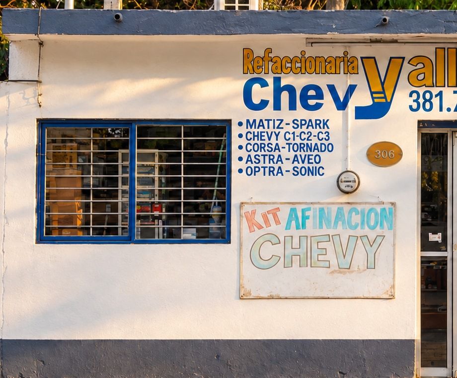 Fachada de Chevy Valles: pared blanca con franja azul, el logo amarillo y azul, la lista pintada de modelos y una ventana con protecciones.